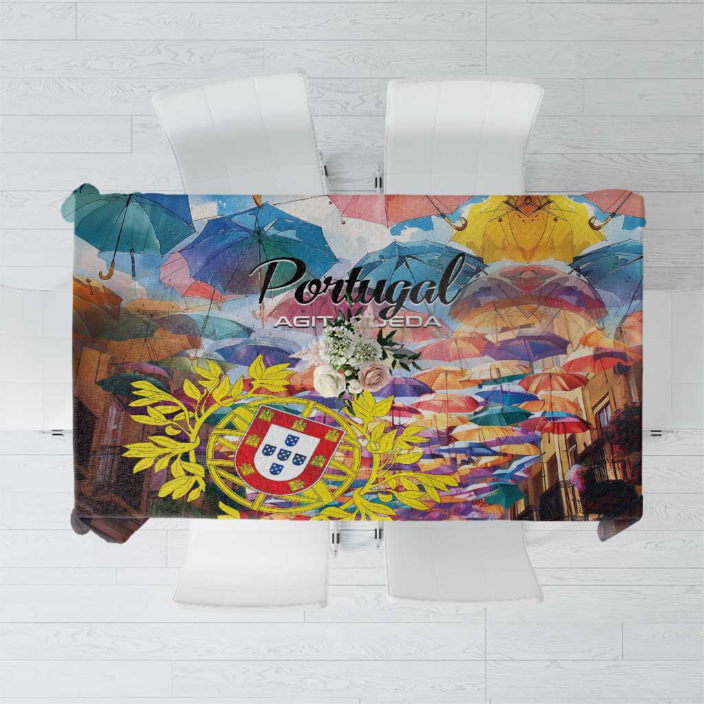 Colorful Portugal umbrella print tablecloth, rectangular with multicolor umbrella scene