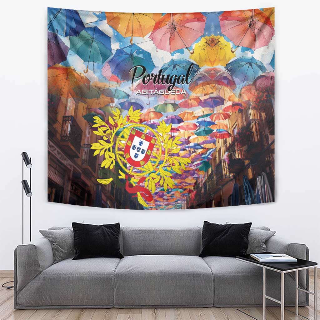 Colorful Portugal umbrella street scene wall tapestry with crest and leafy branches