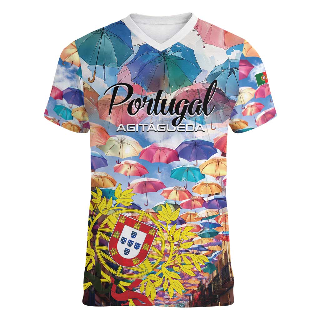 Personalized AgitAgueda Portugal Women V-Neck T-Shirt Colorful Umbrella Sky - Wonder Print Shop