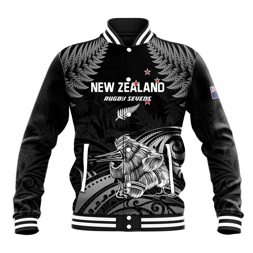 Black rugby baseball jacket with white striped ribbed cuffs and bold front crest graphic