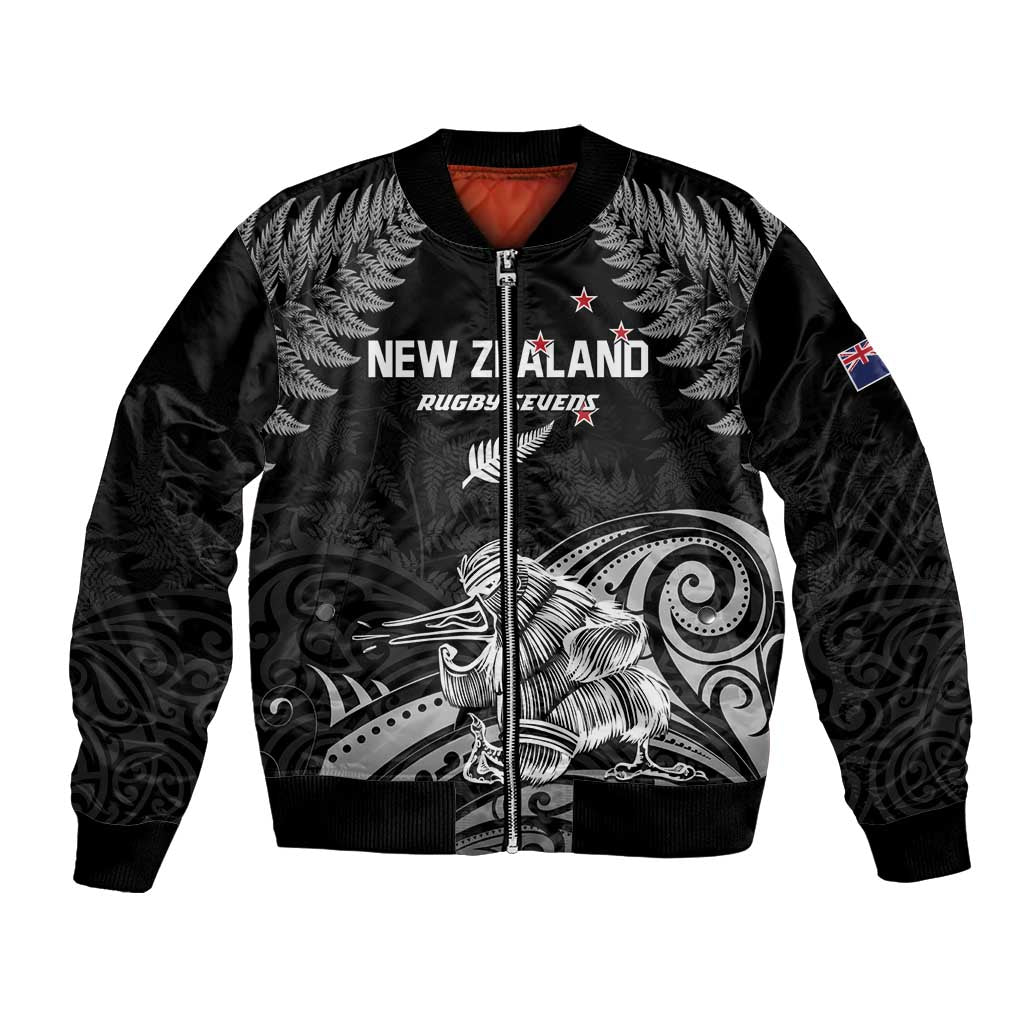 Black rugby bomber jacket with silver fern print, front zip, NZ graphic and small flag patch