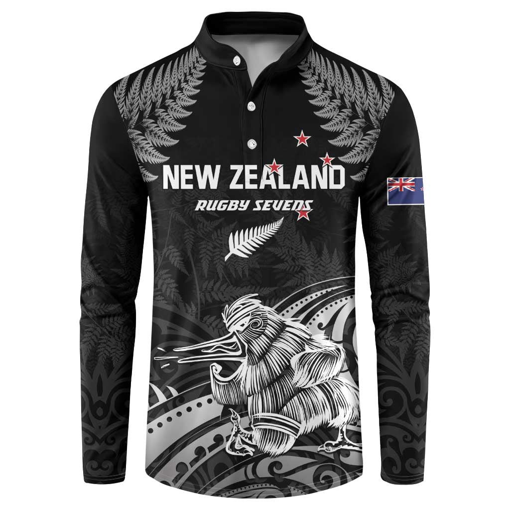 Black rugby button sweatshirt with New Zealand Rugby Sevens print, kiwi graphic, and flag patch