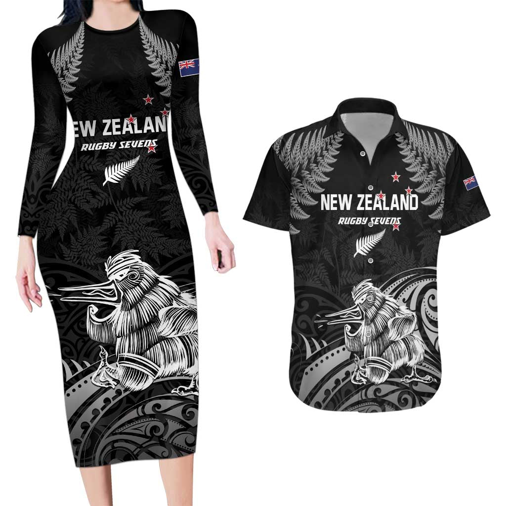 Custom New Zealand 2024 Rugby Couples Matching Long Sleeve Bodycon Dress and Hawaiian Shirt Silver Fern Aotearoa Kiwi - Wonder Print Shop