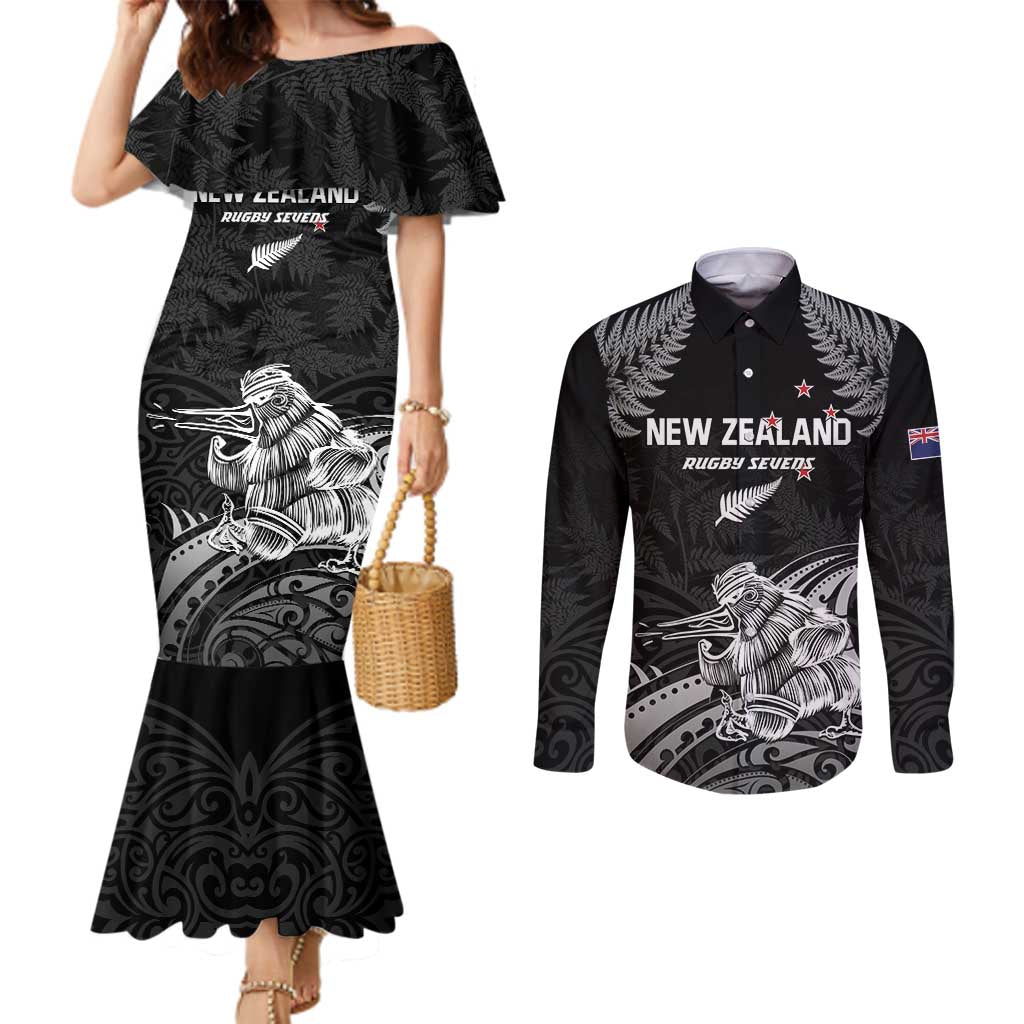 Custom New Zealand 2024 Rugby Couples Matching Mermaid Dress and Long Sleeve Button Shirt Silver Fern Aotearoa Kiwi