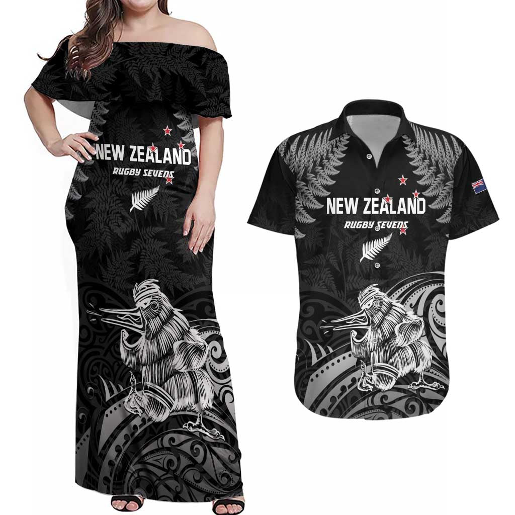 Custom New Zealand 2024 Rugby Couples Matching Off Shoulder Maxi Dress and Hawaiian Shirt Silver Fern Aotearoa Kiwi - Wonder Print Shop