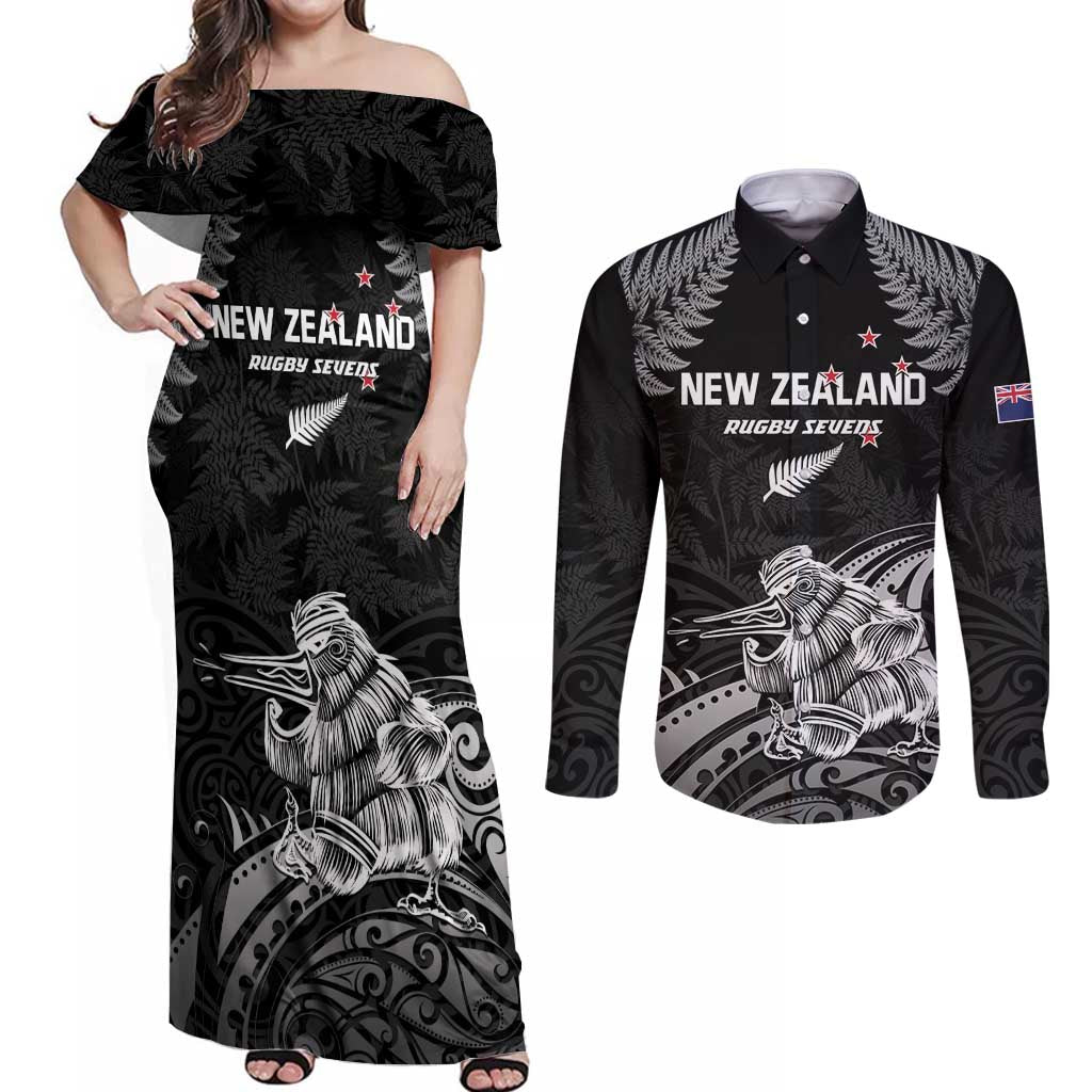 Custom New Zealand 2024 Rugby Couples Matching Off Shoulder Maxi Dress and Long Sleeve Button Shirt Silver Fern Aotearoa Kiwi - Wonder Print Shop