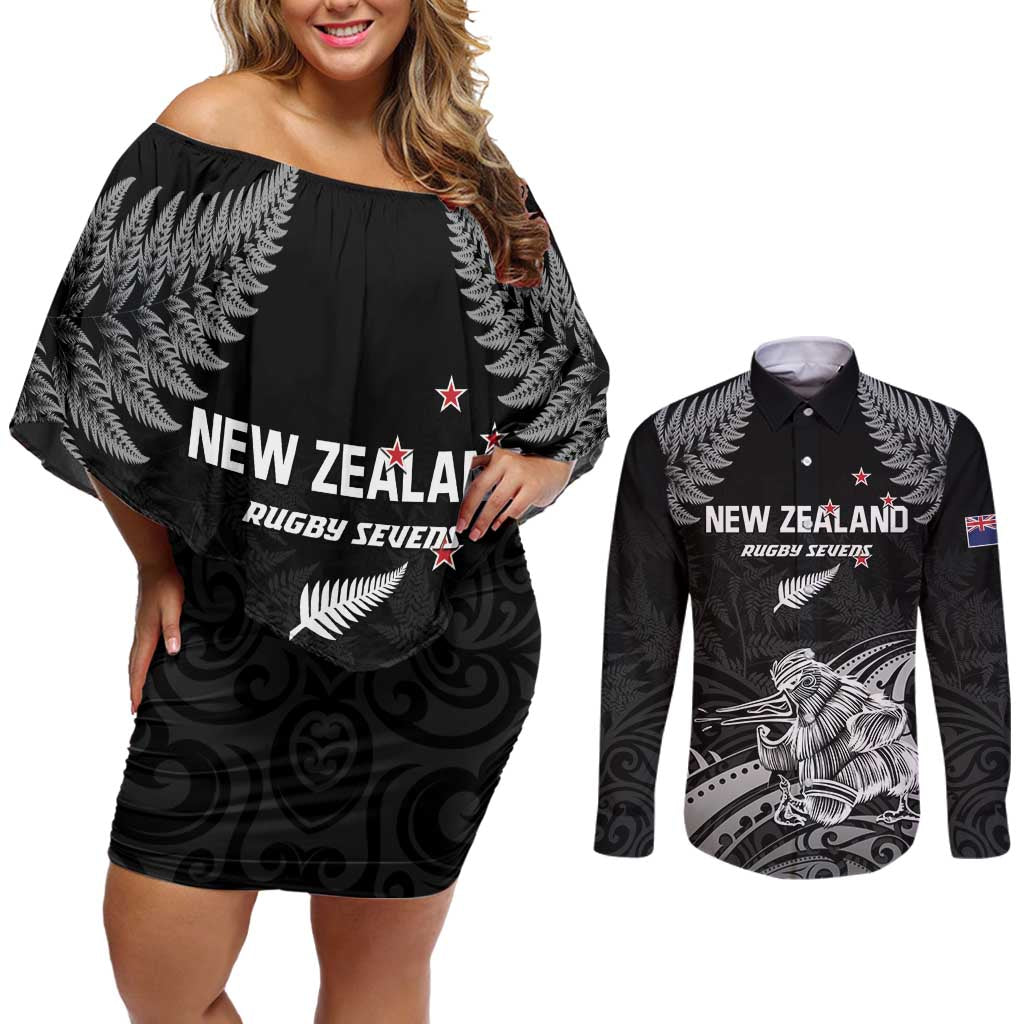 Custom New Zealand 2024 Rugby Couples Matching Off Shoulder Short Dress and Long Sleeve Button Shirt Silver Fern Aotearoa Kiwi - Wonder Print Shop