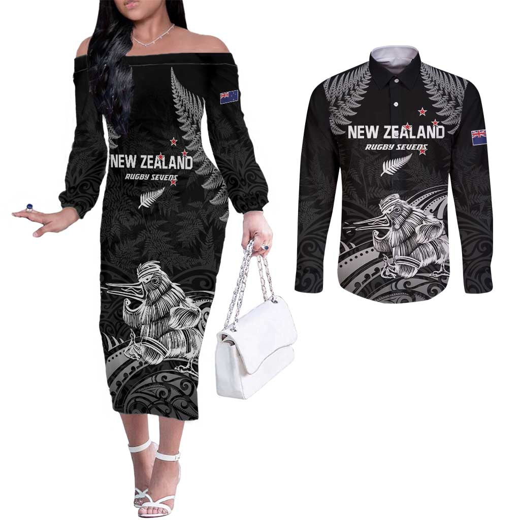 Custom New Zealand 2024 Rugby Couples Matching Off The Shoulder Long Sleeve Dress and Long Sleeve Button Shirt Silver Fern Aotearoa Kiwi