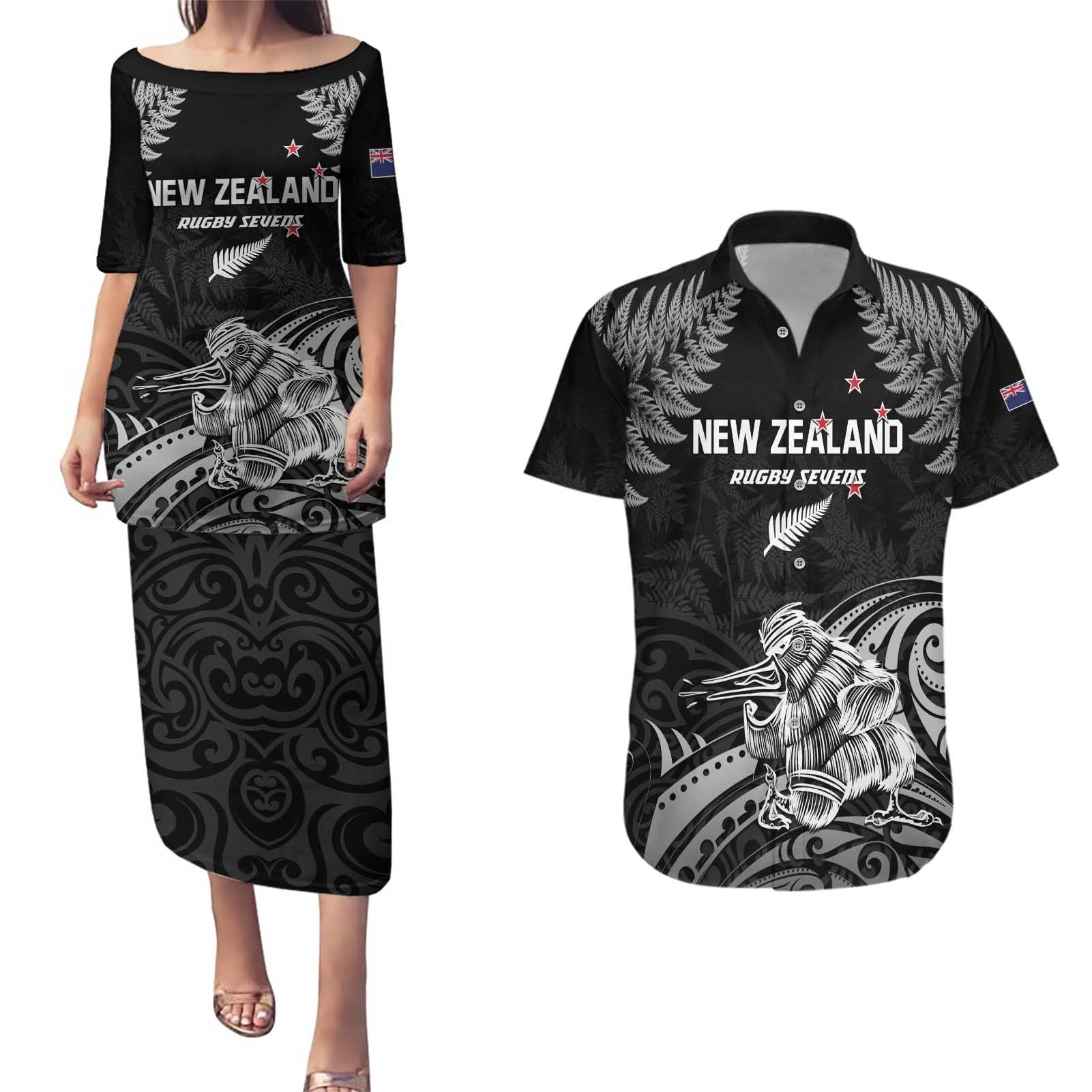 Custom New Zealand 2024 Rugby Couples Matching Puletasi and Hawaiian Shirt Silver Fern Aotearoa Kiwi - Wonder Print Shop