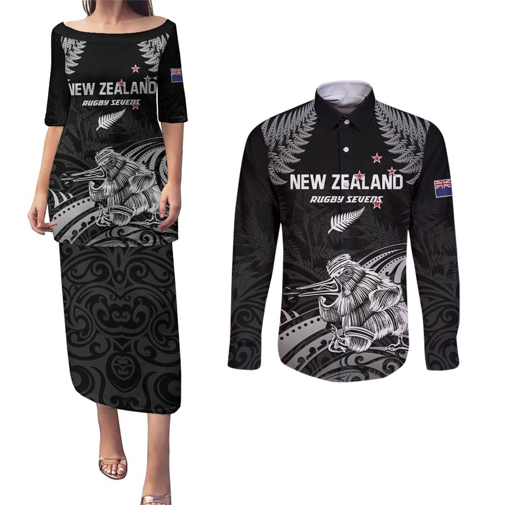 Custom New Zealand 2024 Rugby Couples Matching Puletasi and Long Sleeve Button Shirt Silver Fern Aotearoa Kiwi - Wonder Print Shop