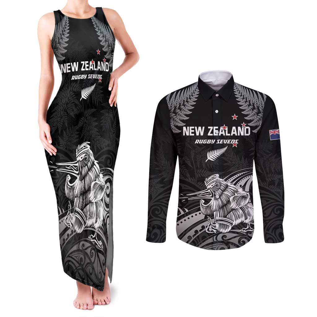 Custom New Zealand 2024 Rugby Couples Matching Tank Maxi Dress and Long Sleeve Button Shirt Silver Fern Aotearoa Kiwi - Wonder Print Shop