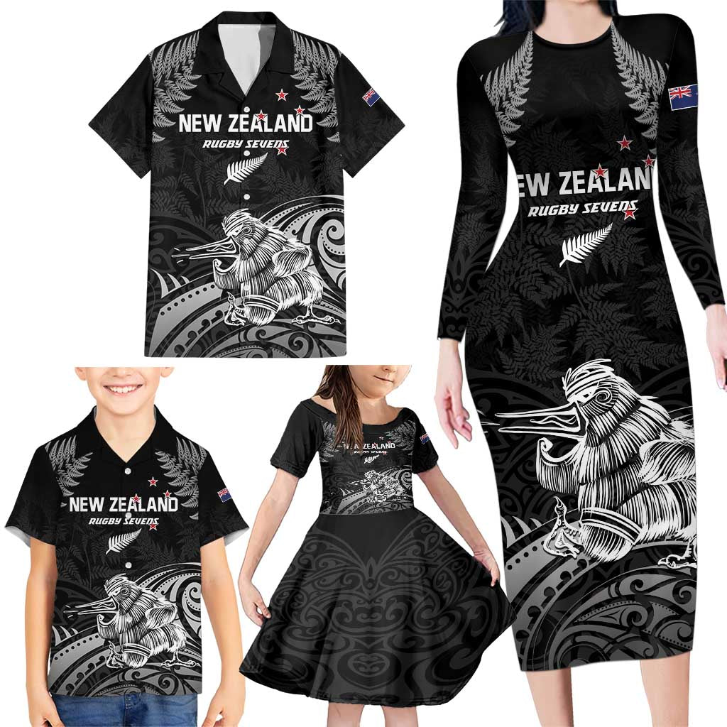 Custom New Zealand 2024 Rugby Family Matching Long Sleeve Bodycon Dress and Hawaiian Shirt Silver Fern Aotearoa Kiwi - Wonder Print Shop