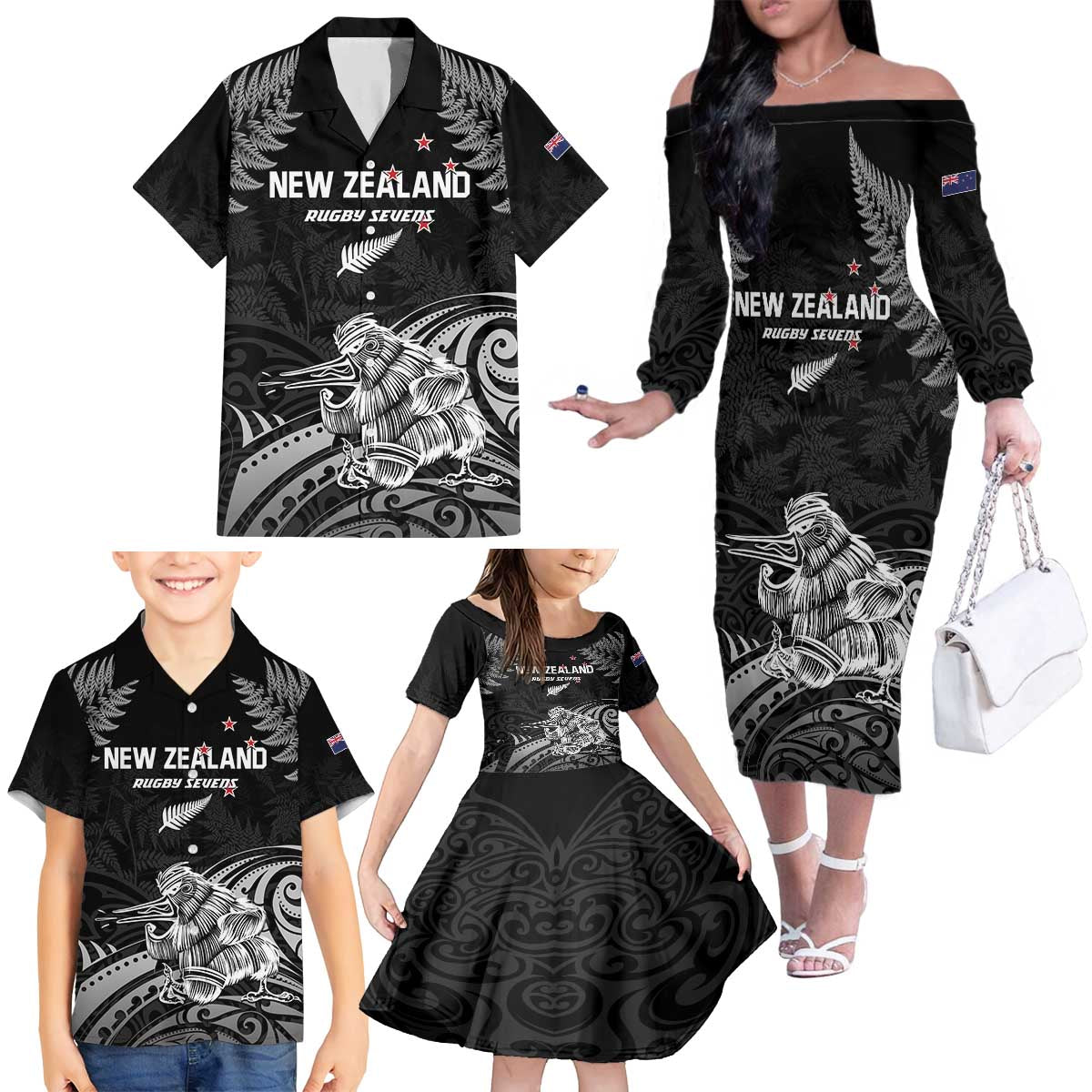 Custom New Zealand 2024 Rugby Family Matching Off The Shoulder Long Sleeve Dress and Hawaiian Shirt Silver Fern Aotearoa Kiwi - Wonder Print Shop