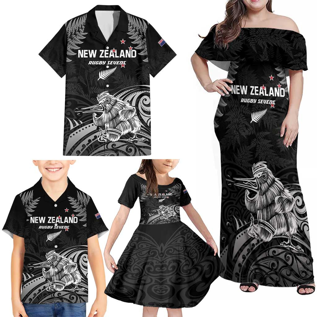 Custom New Zealand 2024 Rugby Family Matching Off Shoulder Maxi Dress and Hawaiian Shirt Silver Fern Aotearoa Kiwi - Wonder Print Shop