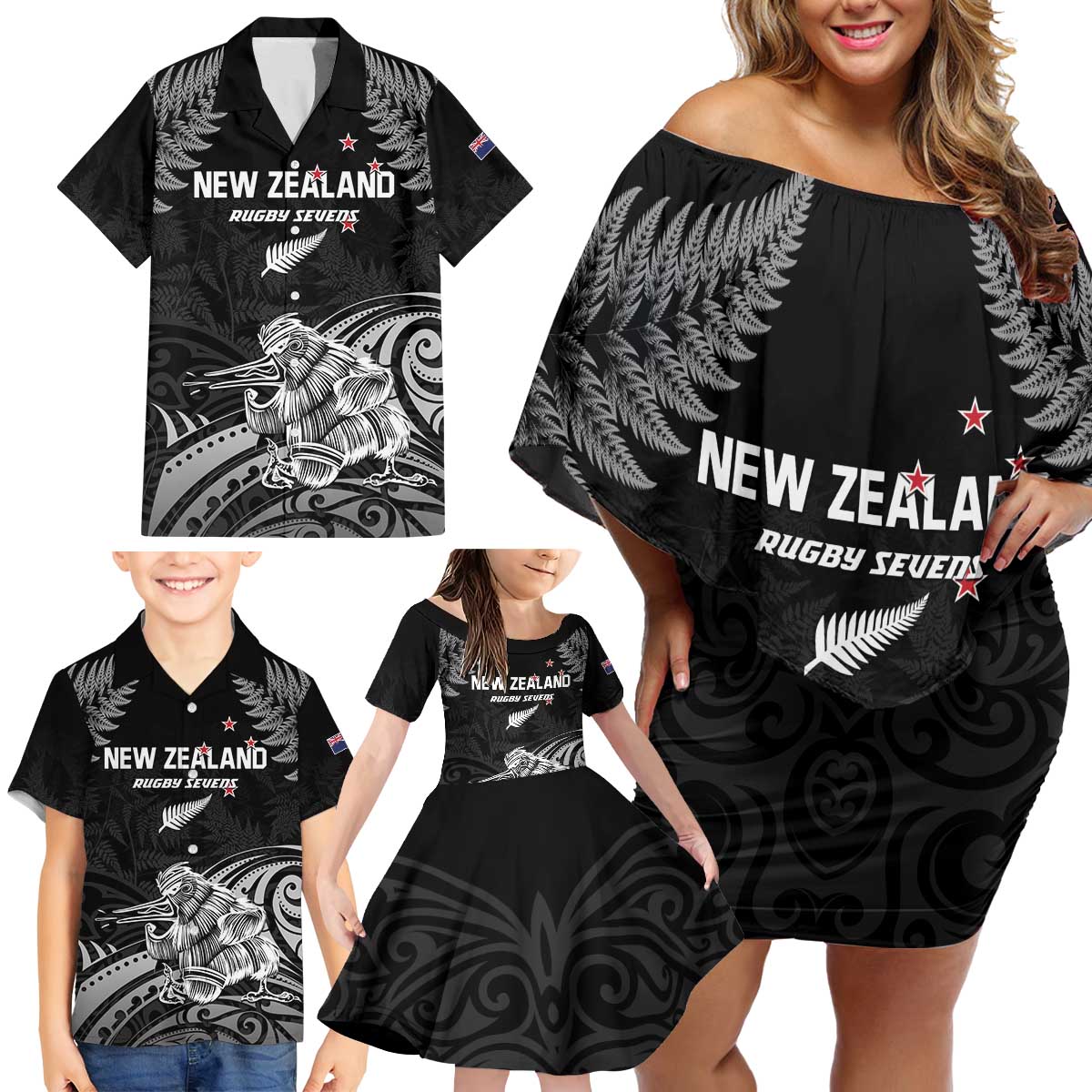 Custom New Zealand 2024 Rugby Family Matching Off Shoulder Short Dress and Hawaiian Shirt Silver Fern Aotearoa Kiwi - Wonder Print Shop