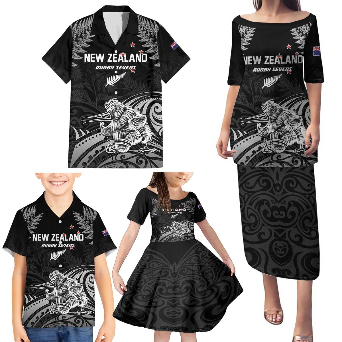 Custom New Zealand 2024 Rugby Family Matching Puletasi and Hawaiian Shirt Silver Fern Aotearoa Kiwi - Wonder Print Shop