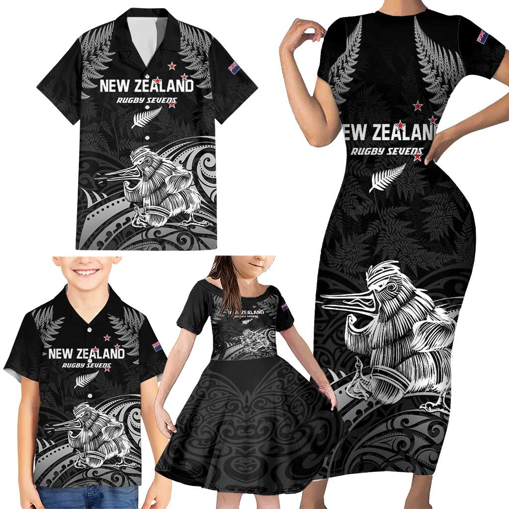 Custom New Zealand 2024 Rugby Family Matching Short Sleeve Bodycon Dress and Hawaiian Shirt Silver Fern Aotearoa Kiwi - Wonder Print Shop