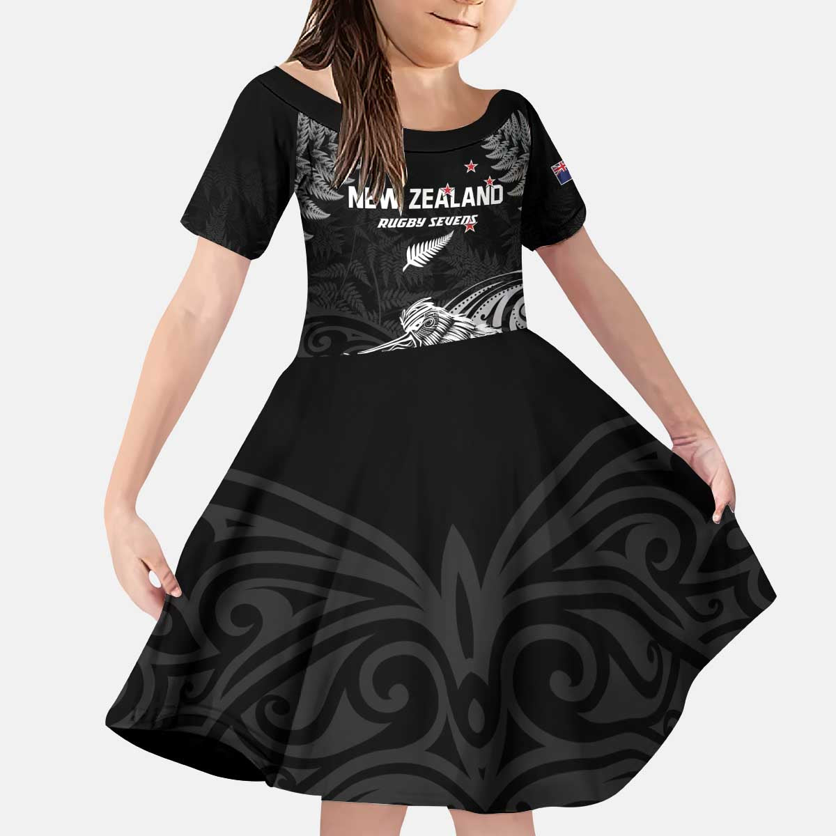 Custom New Zealand 2024 Rugby Kid Short Sleeve Dress Silver Fern Aotearoa Kiwi - Wonder Print Shop