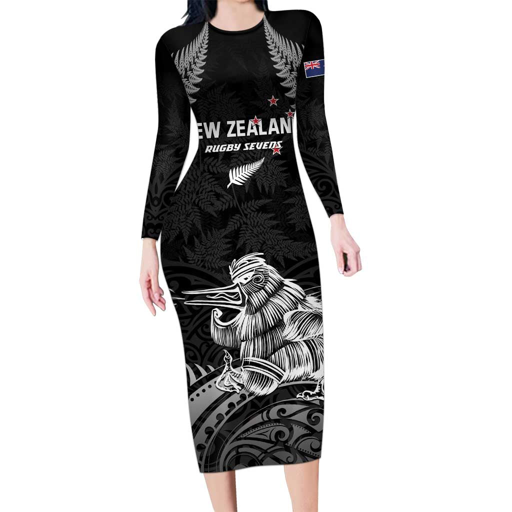 Custom New Zealand 2024 Rugby Long Sleeve Bodycon Dress Silver Fern Aotearoa Kiwi - Wonder Print Shop