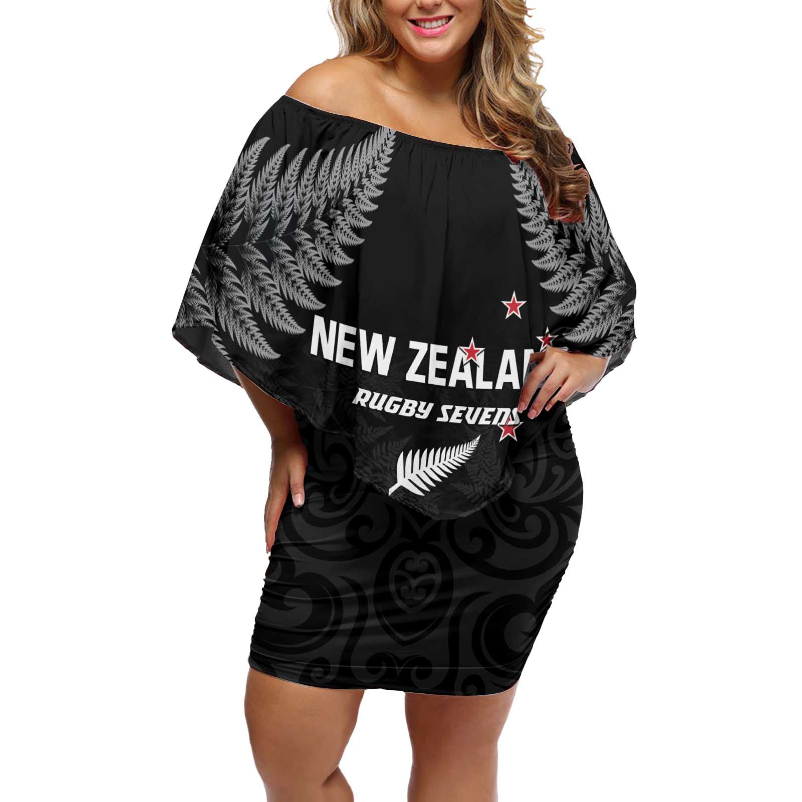 Custom New Zealand 2024 Rugby Off Shoulder Short Dress Silver Fern Aotearoa Kiwi - Wonder Print Shop