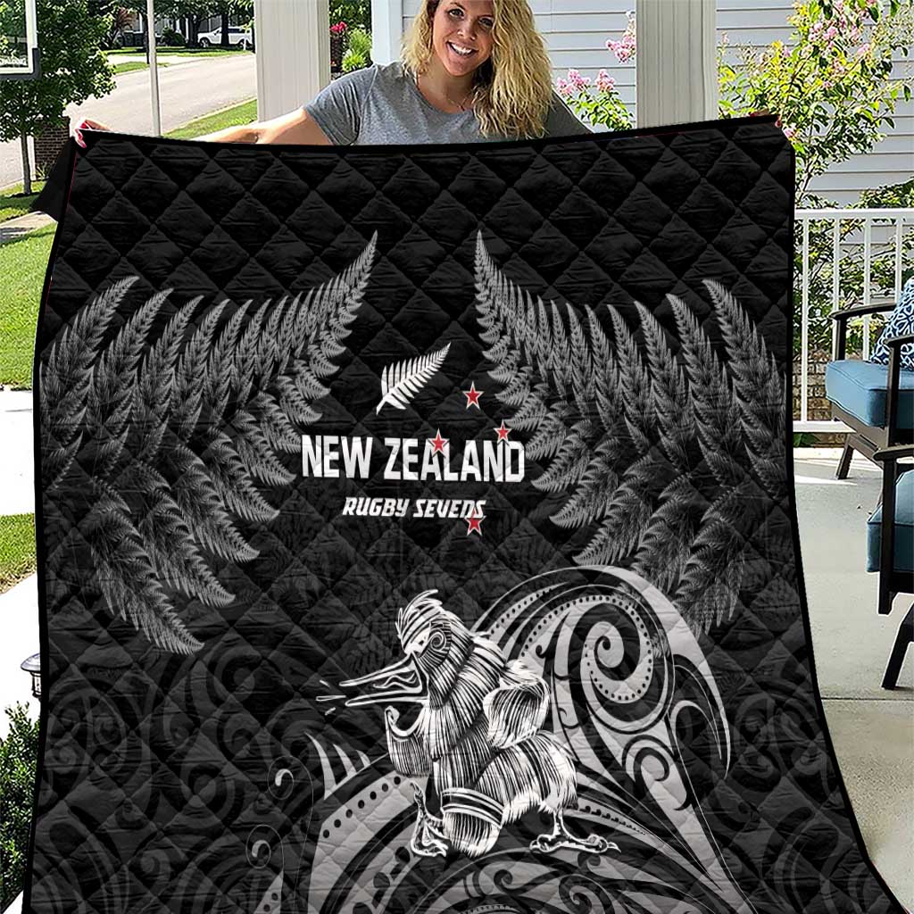 Black New Zealand rugby quilt with silver fern, Kiwi bird and shield graphic, quilted pattern