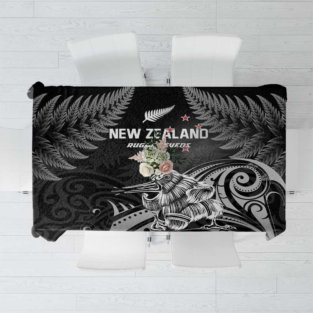 Black rugby tablecloth with New Zealand text and silver fern graphic
