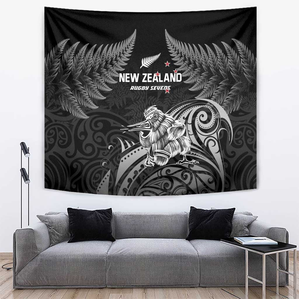 Black New Zealand rugby wall tapestry with silver fern and central haka-themed kiwi figure.