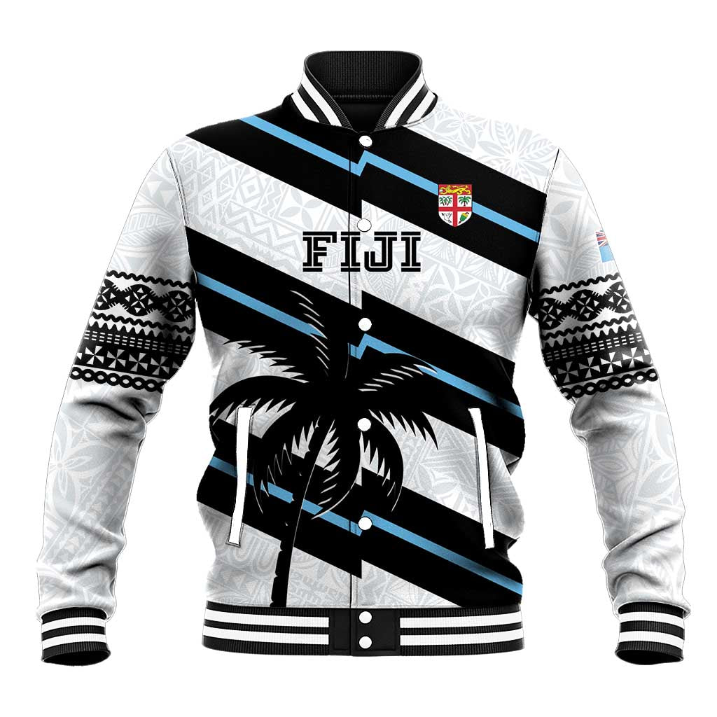 White rugby baseball jacket with black/blue stripes, palm graphic and 'FIJI' chest logo