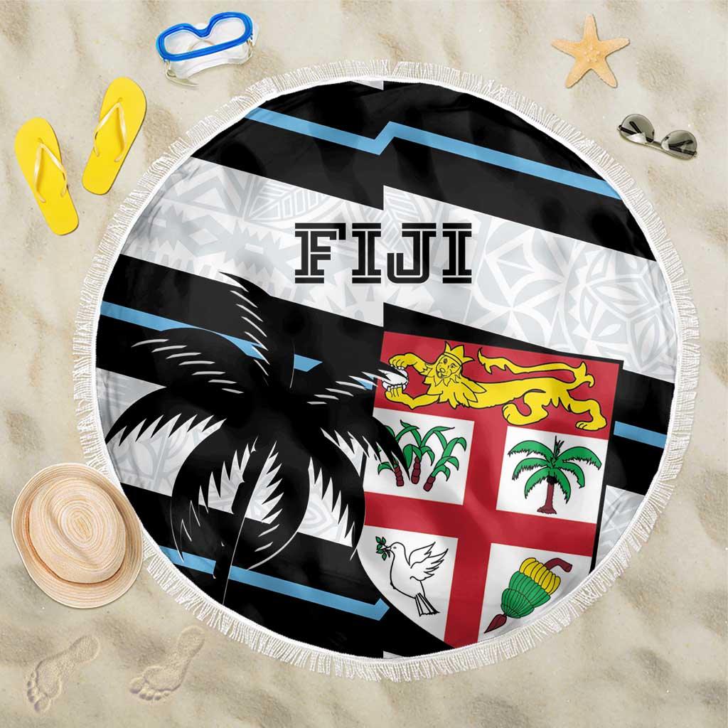 150cm round rugby beach blanket with fringe, white background and Fiji flag graphic