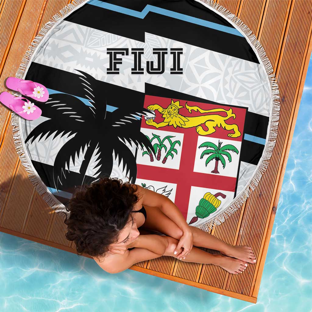 150cm round rugby beach blanket with fringe, white with Fiji flag and palm motifs