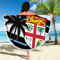 150cm round rugby beach blanket with fringe, white and black Fiji flag pattern