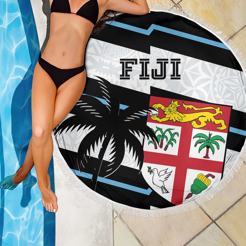150cm round rugby beach blanket with fringe, white and Fiji flag crest by pool