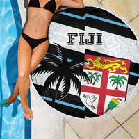150cm round rugby beach blanket with fringe, white and Fiji flag crest by pool