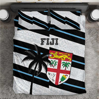 Rugby bedding set duvet with black, white and blue striped design and Fiji crest.