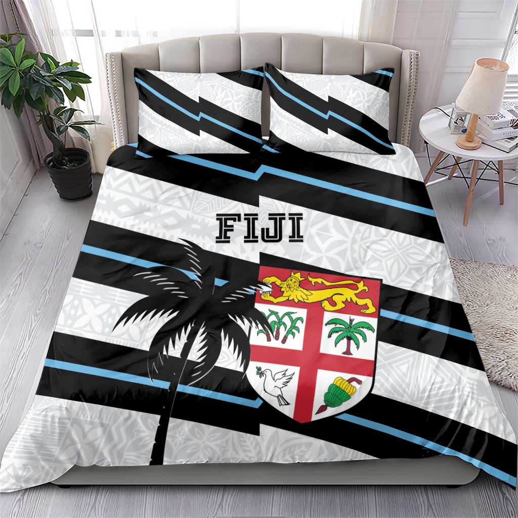 Rugby bedding set with matching duvet and pillow featuring Fiji crest and black/blue stripes.