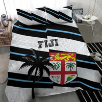 Rugby bedding set duvet with black, white and blue stripes, Fiji crest, and palm graphic.