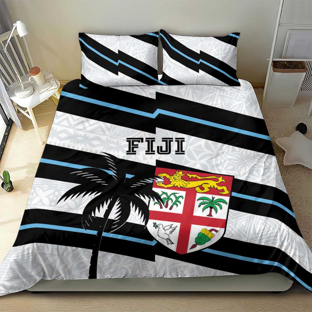 Rugby bedding set duvet with two pillows; black/white/blue stripes and Fiji crest emblem.