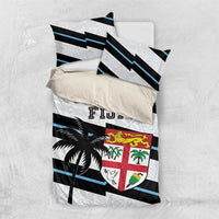 Rugby bedding set in black, white and blue with Fiji crest, palm leaves, and striped bands.