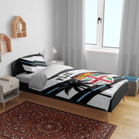 Rugby bedding set with duvet and pillows in black, white and blue striped Fiji crest style.
