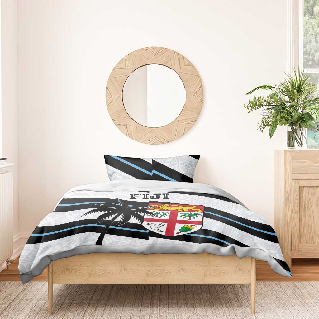 Rugby bedding set duvet with black/white/blue stripes, Fiji crest, and palm trees graphic.