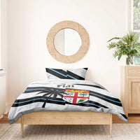 Rugby bedding set duvet with black/white/blue stripes, Fiji crest, and palm trees graphic.