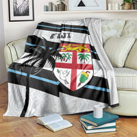 Fiji rugby blanket with white, black, and blue stripes and shield emblem with palm prints