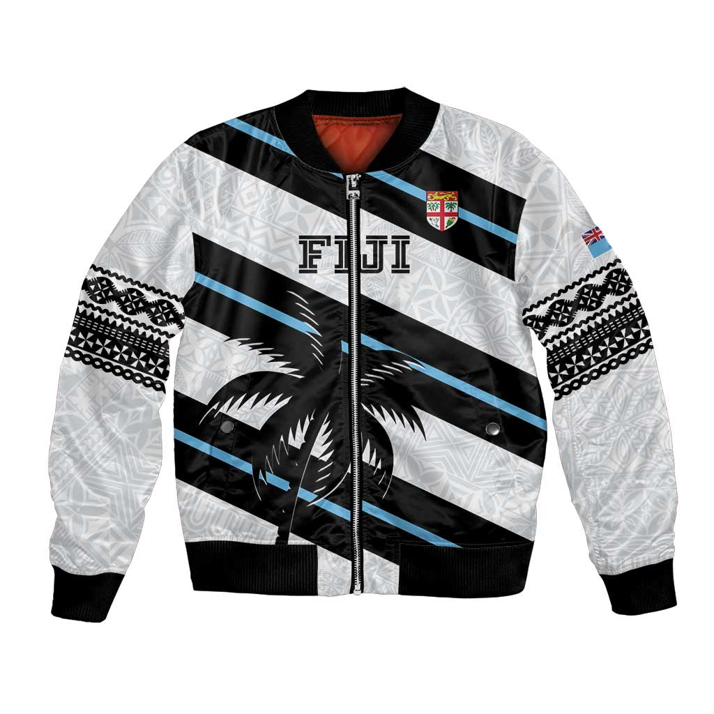 Fiji rugby bomber jacket with white tapa print sleeves and blue/black diagonal stripes