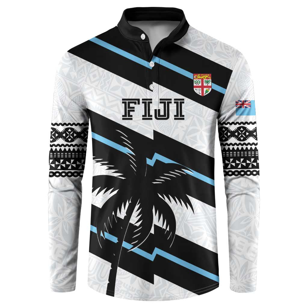 White rugby button sweatshirt with black-and-blue diagonal design and FIJI crest
