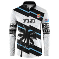 White rugby button sweatshirt with black-and-blue diagonal design and FIJI crest
