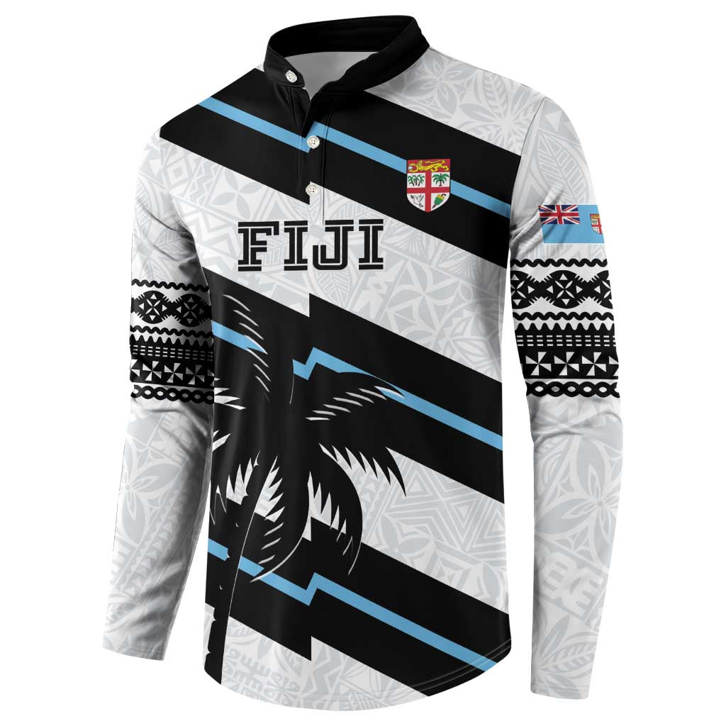 White rugby button sweatshirt with black/blue diagonal graphic, FIJI front, flag sleeve