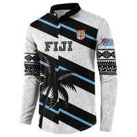White rugby button sweatshirt with black/blue diagonal graphic, FIJI front, flag sleeve