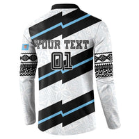 Back rugby button sweatshirt with 'YOUR TEXT 01' on black/blue diagonal stripes