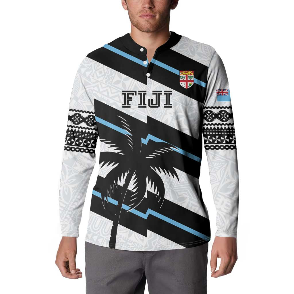 White rugby button sweatshirt with black-and-blue diagonal print, patterned cuffs, FIJI chest