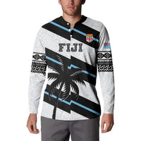 White rugby button sweatshirt with black-and-blue diagonal print, patterned cuffs, FIJI chest